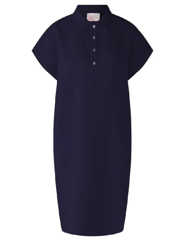 Oui Linen Dress With Jersey Patch In Dark Blue 78897 5742