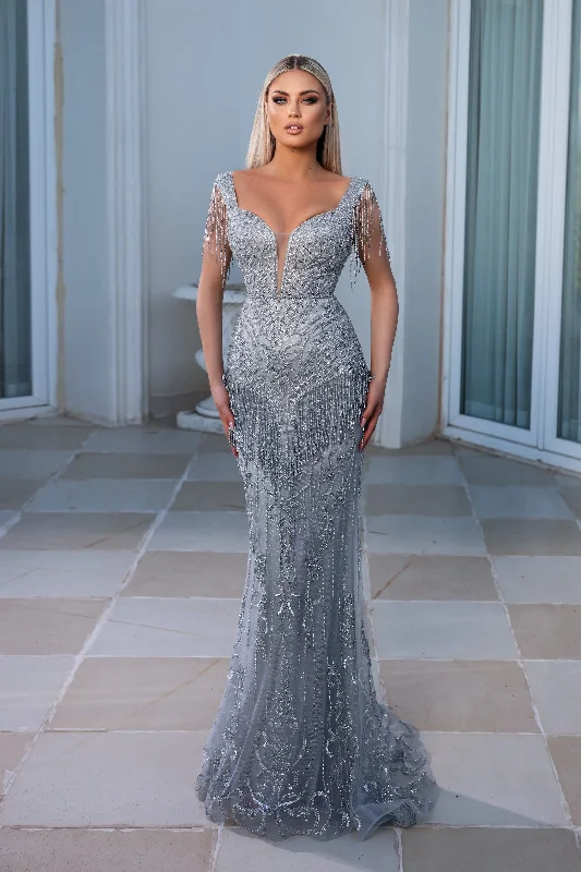 **Portia and Scarlett: Captivating Beaded Trumpet Dress for Unforgettable Occasions**