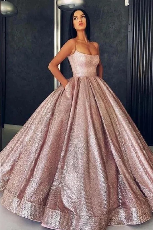 Princess Rose Gold Spaghetti Straps Sleeveless Ball Gown Prom Dress with Pockets NA5005