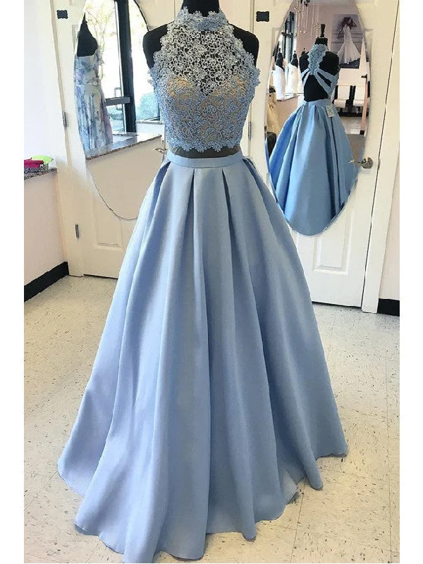 Prom Dresses Blue Halter Floor-length Chiffon Prom Dress/Evening Dress #JKL009