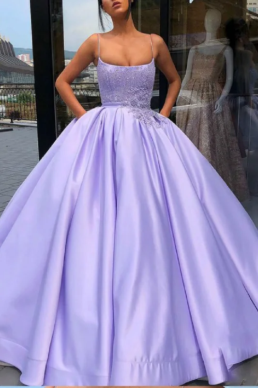 Purple Ball Gown Spaghetti Straps Satin Sweet 16 Dress With Pocket, Quinceanera Dress NA5004