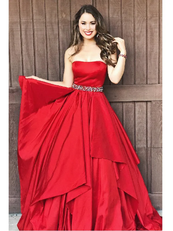 Red Prom Dresses Strapless Aline Floor-length Rhinestone Taffeta Prom Dress JKL744