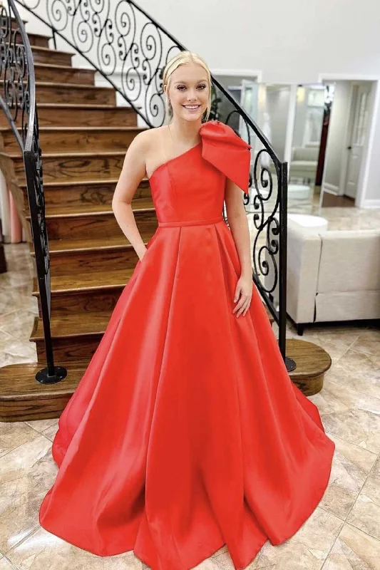 Red Satin One Shoulder Floor Length Prom Dress, Red A-Line Formal Evening Dress