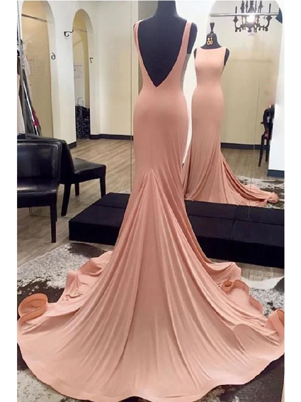 Sexy Backless Prom Dresses Bateau Sweep/Brush Train Chic Prom Dress/Evening Dress JKL275