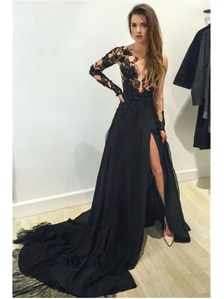 Sexy Black Prom Dresses Scoop Sweep/Brush Train Slit Prom Dress/Evening Dress JKL295