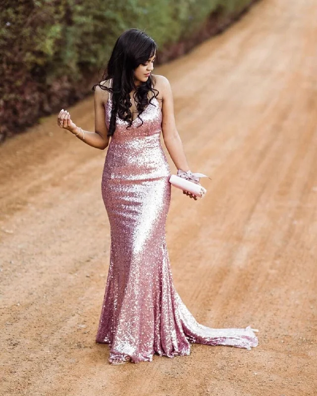 Sexy Halter V-Neck Rose Gold Sparkly Prom Dress JKR307