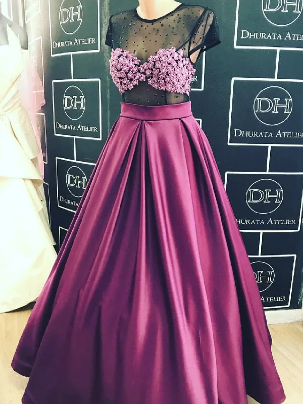 Sexy Prom Dresses Scoop Black Fuchsia A-line Satin Prom Dress/Evening Dress JKS134