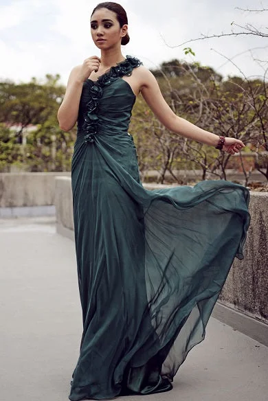 Sheath One-shoulder Floor Length Chiffon Backless Handmade Flower Evening Dress