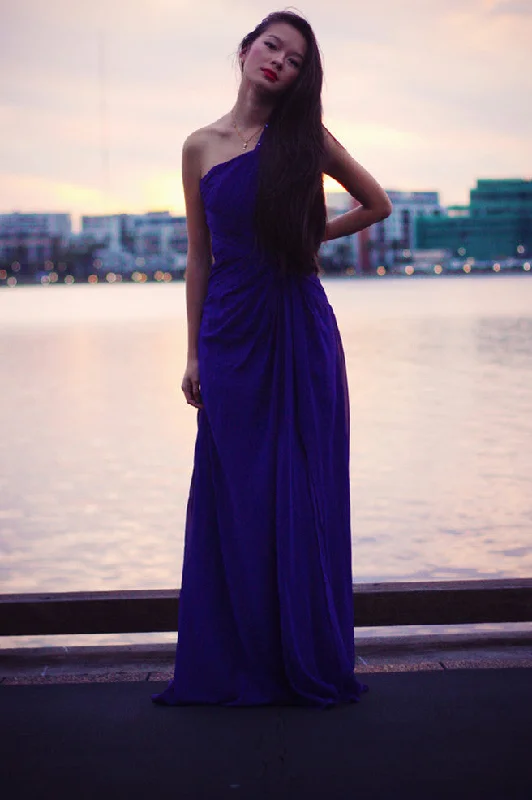 Sheath One-shoulder Sleeveless Floor Length Beaded Chiffon Evening Dress