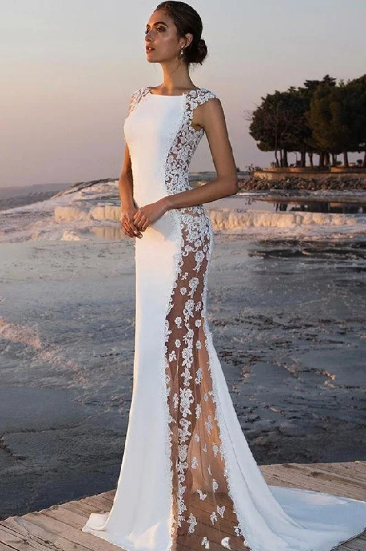 Sheath Round Collar Floor Length Chiffon Crochet Flower Evening Dress