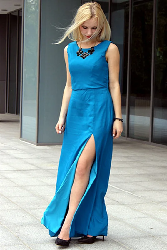 Sheath Small Round Collar Front Slit Floor Length Chiffon Evening Dress