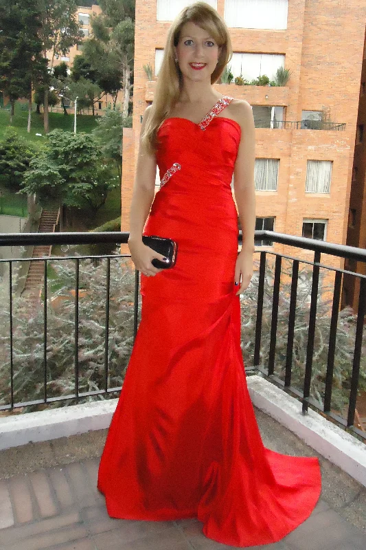 Sheath Sweetheart One-shoulder Floor Length Chiffon Rhinestone Evening Dress