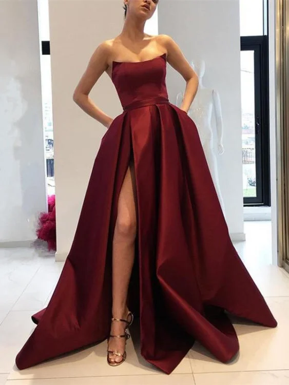 Simple Prom Dresses A Line Strapless Burgundy Slit Prom Dress Sexy Evening Dress JKL1112