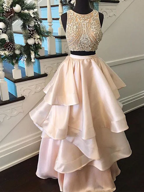 Two Piece Chic Prom Dresses Floor-length Rhinestone Sexy Prom Dress/Evening Dress JKL211