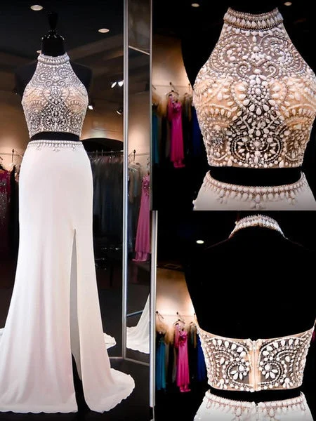 Two Piece Prom Dresses Sheath Rhinestone Halter Slit Prom Dress Sexy Evening Dress JKL1090