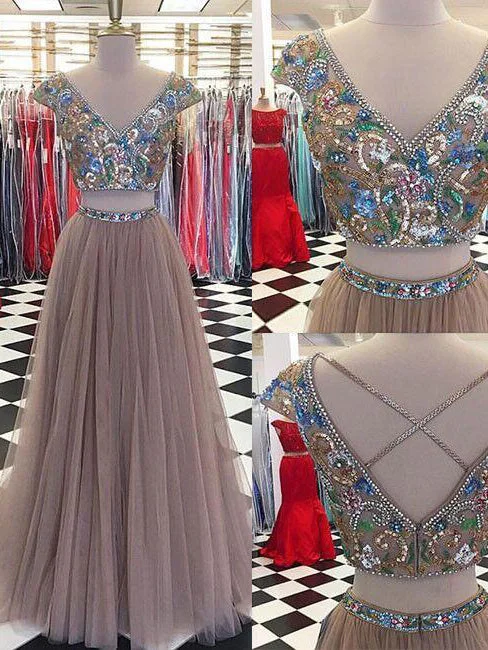 Two Piece Prom Dresses V-neck Floor-length Rhinestone Sexy Prom Dress JKL512