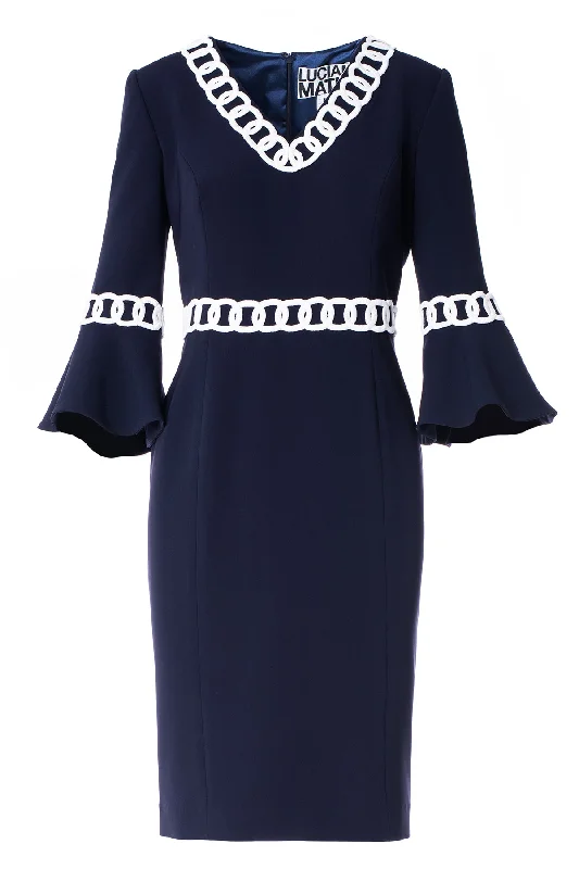 V-NECK RUFFLE SLEEVE DRESS WITH CHAIN EMBROIDERY