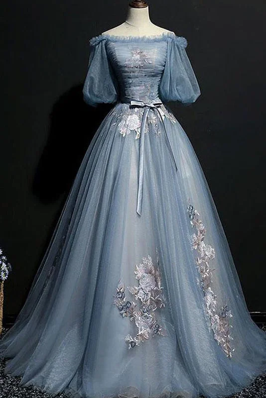 Vintage Princess Off Shoulder Dusty Blue Appliques Ball Gown Prom Dresses GJS423