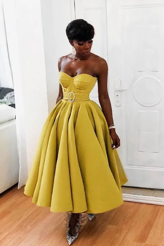 Yellow A-Line Sweetheart Neck Satin Tea Length Prom Dress