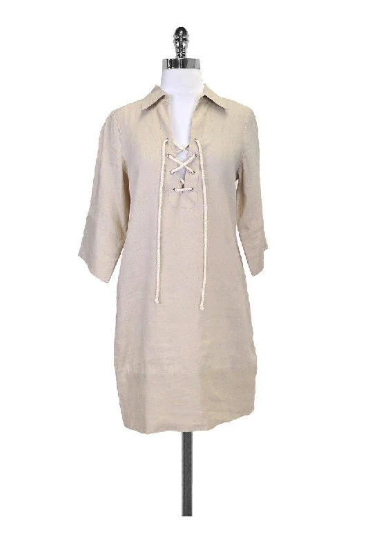 L'Agence - Tan Linen Dress w/ Lace-Up Neckline Sz S