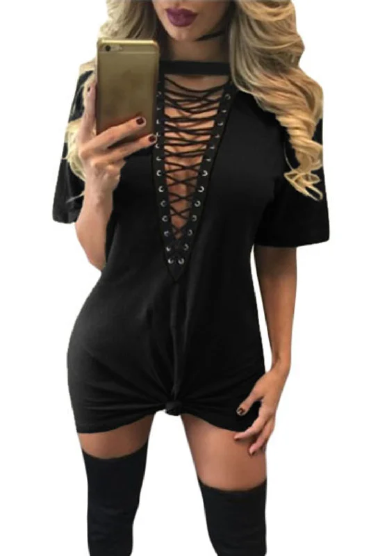 Sexy Black Lace Up Half Sleeves Tee Dress