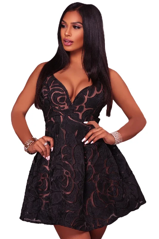 Sexy Black Rose Lace Illusion Sexy Skater Dress