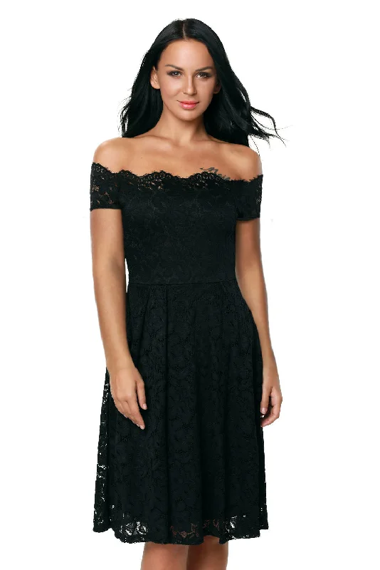 Sexy Black Scalloped Off Shoulder Flared Lace Dress