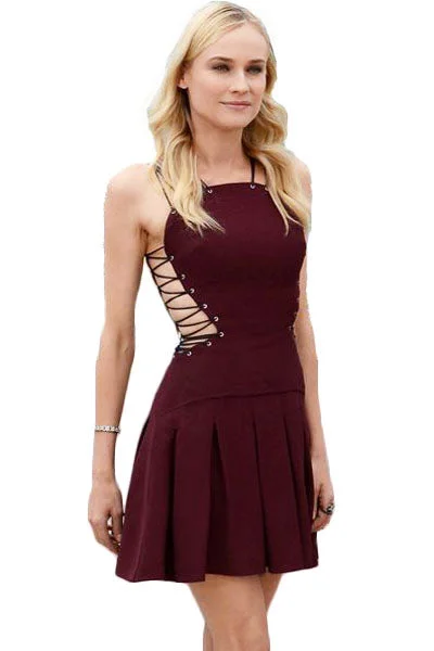 Sexy Cool Lace Up Pleated Suede Skater Dress