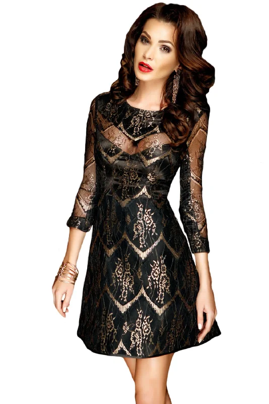 Sexy Gold Sheer Lace Overlay Sleeved Skater Dress