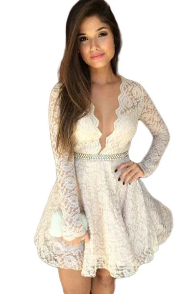 Sexy Gorgeous Deep V Neck Lace Skater Dress