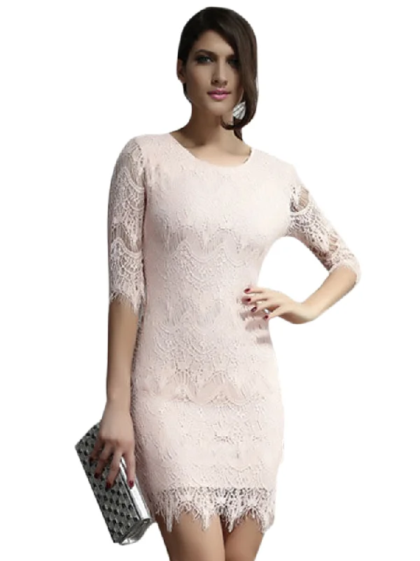 Sexy Light Peach Allover Lace Three Fourth Sleeves Dress