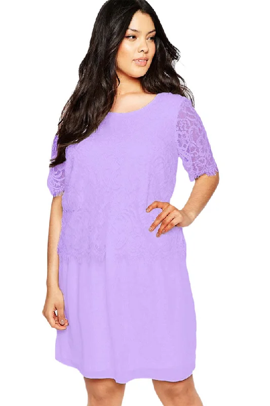 Sexy Lilac Eyelash Lace Overlay Chiffon Swing Dress