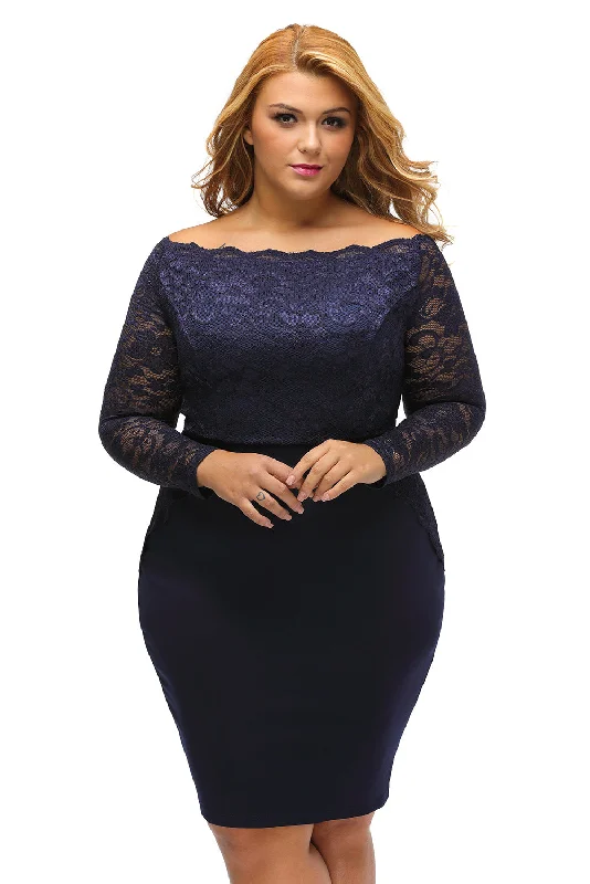 Sexy Navy Off Shoulder Plus Lace Dress