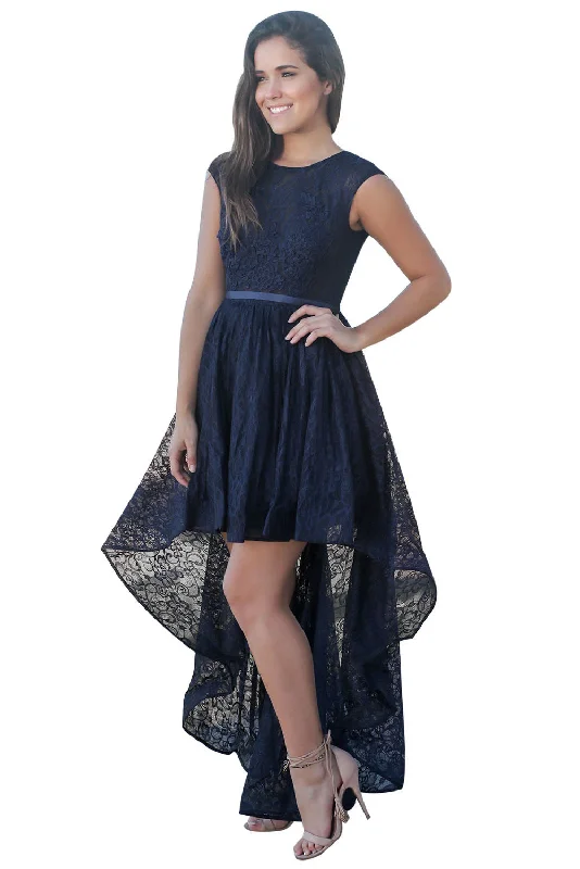 Sexy Navy Sweetheart Cutout Back Lace Hi-low Dress