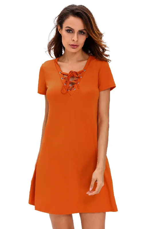 Sexy Orange Casual Lace-up Swing Dress