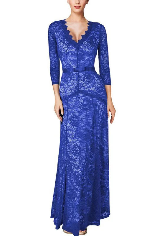 Sexy Plunging Neck Three Quarter Sleeve Blue Lace Dress