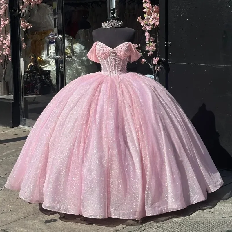 Elegant Pink Quinceanera Dresses Beading Sweetheart Sequin Sweet 16 Prom Gowns Shinny Pageant Dress