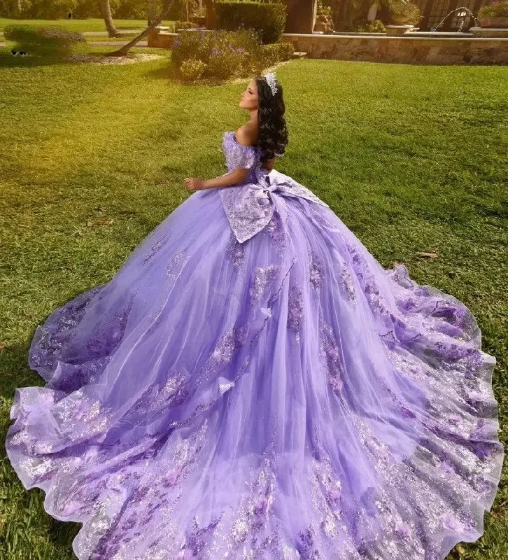 Lavender Lilac Quinceanera Dress With Bow Lace Applique Sequins Beading Mexican Sweet 16 Vestidos De XV 15 Anos