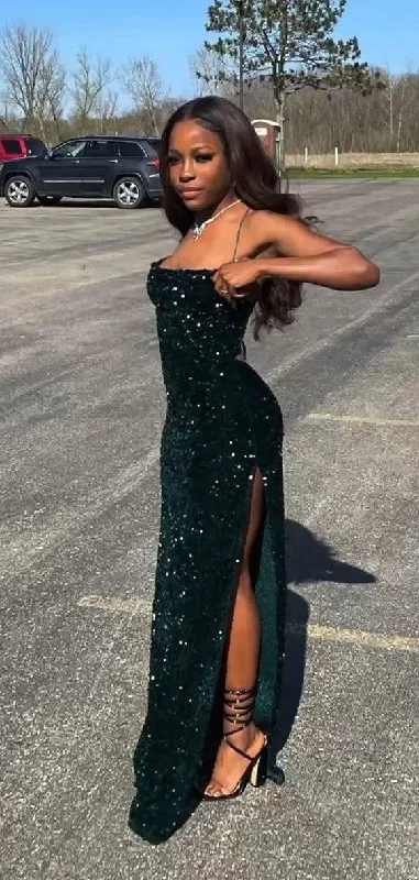 Mermaid Sequins Dark Green Long Prom Dresses 22th Birthday Outfits