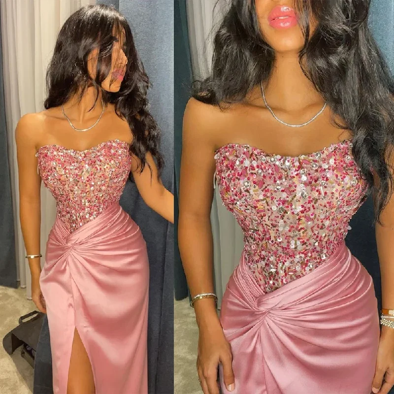 Modern Sequin Strapless Prom Dresses with Sleeveless Floor Length Mermaid Satin Formal Dress with Slit vestido de gala