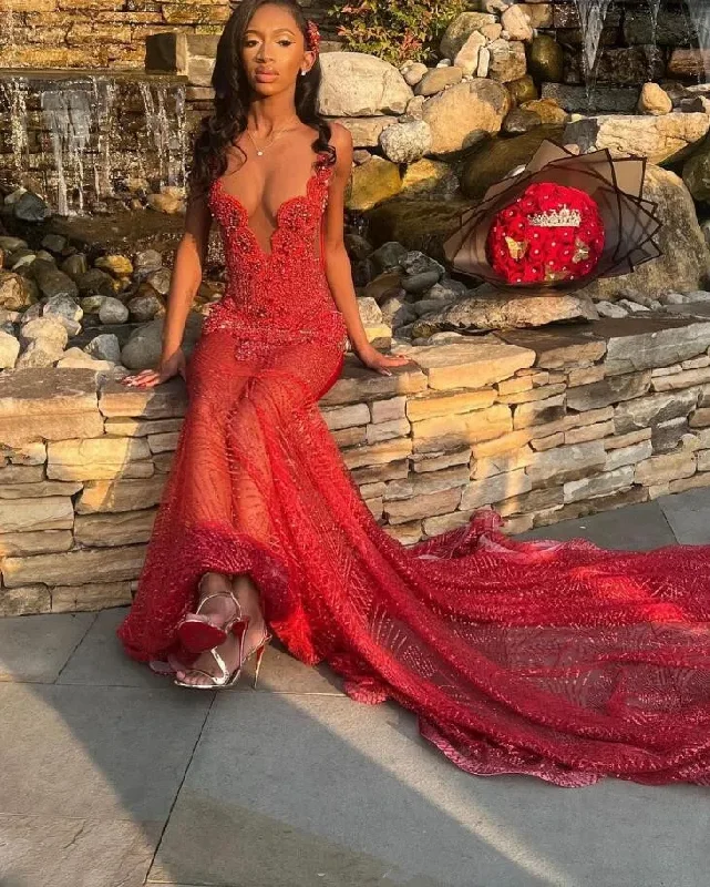 Red Sparkly African Prom Formal Dresses for Women Luxury Diamond Crystal Sequins Evening Ceremony Birthday Gown Black Girl