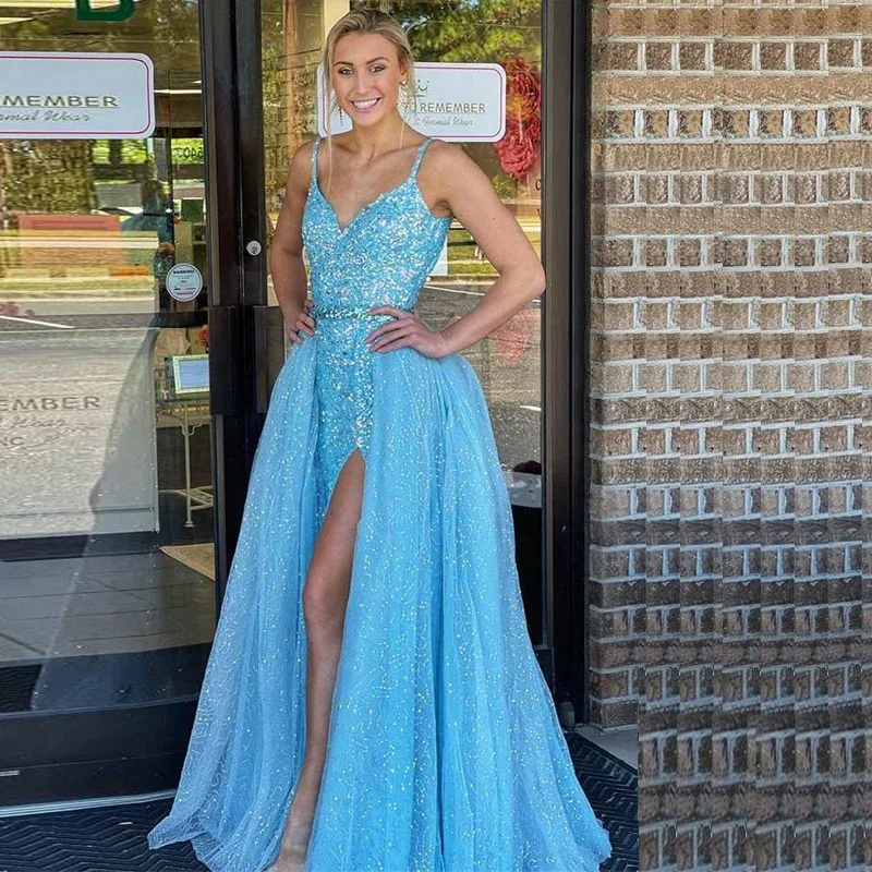 Sparkly Mermaid Homecoming Dresses Side Split Spaghetti Strap Prom Gown with Detachable Train Light Blue Sequins Pageant Wear